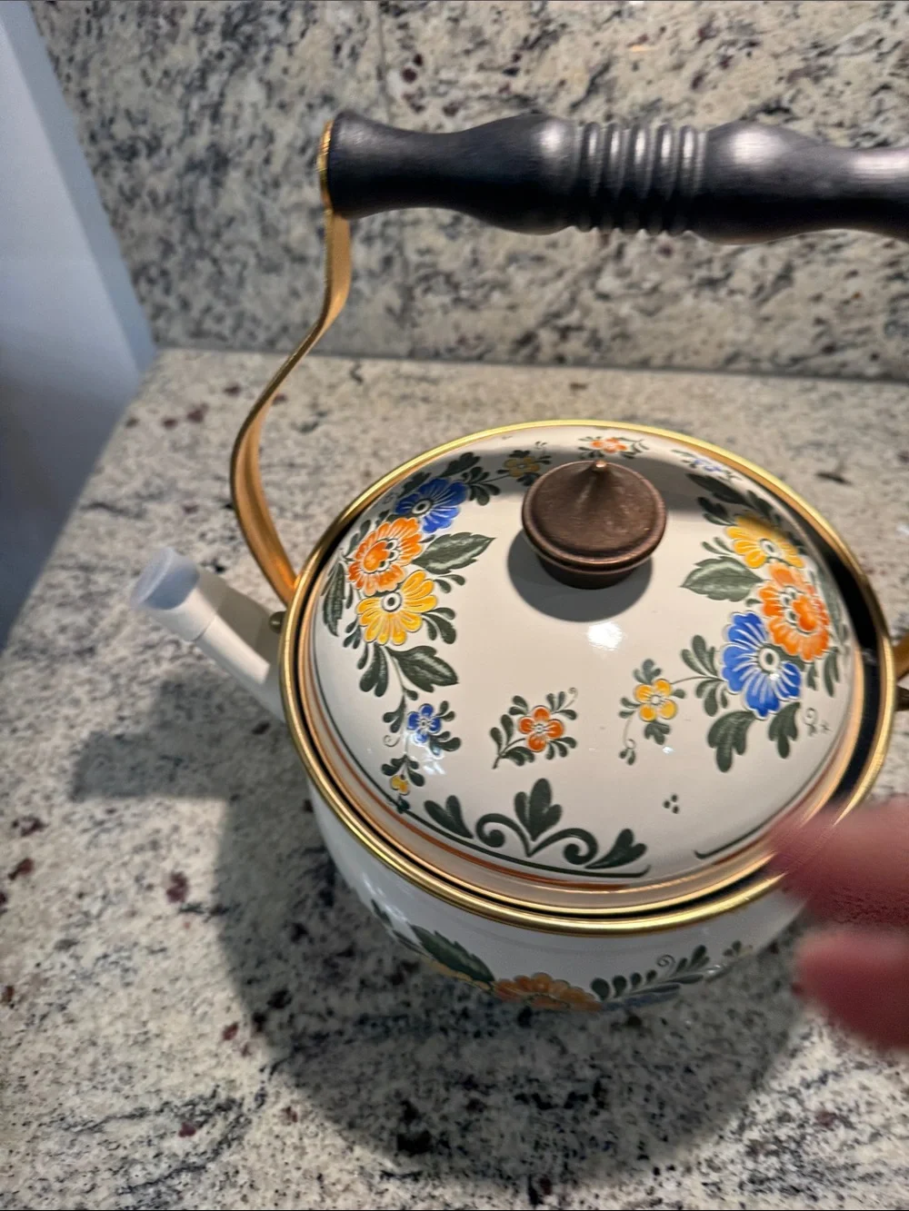 Floral Ceramic Teapot with Gold Accent - White with Green, Orange & Blue